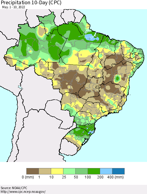 Brazil Precipitation 10-Day (CPC) Thematic Map For 5/1/2022 - 5/10/2022
