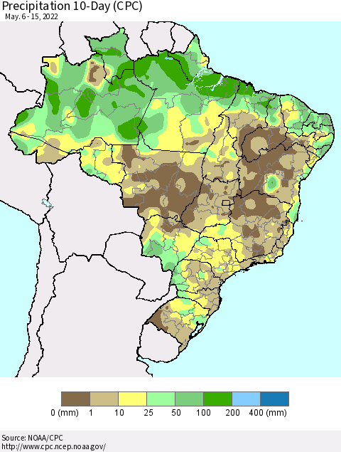 Brazil Precipitation 10-Day (CPC) Thematic Map For 5/6/2022 - 5/15/2022