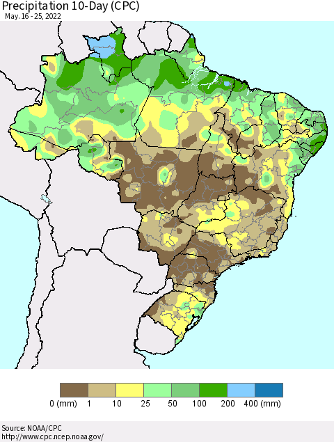 Brazil Precipitation 10-Day (CPC) Thematic Map For 5/16/2022 - 5/25/2022