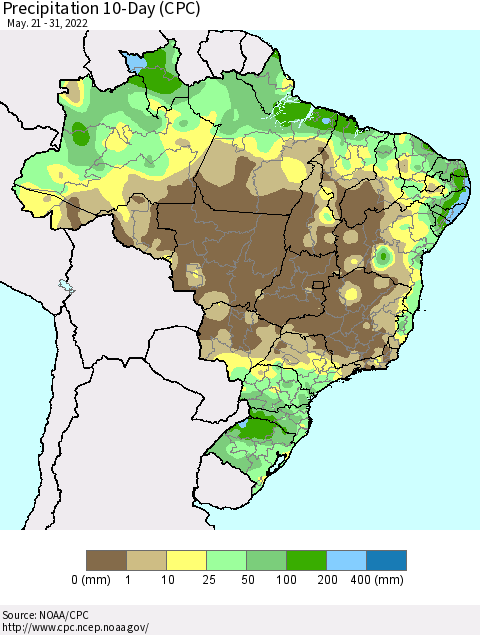 Brazil Precipitation 10-Day (CPC) Thematic Map For 5/21/2022 - 5/31/2022