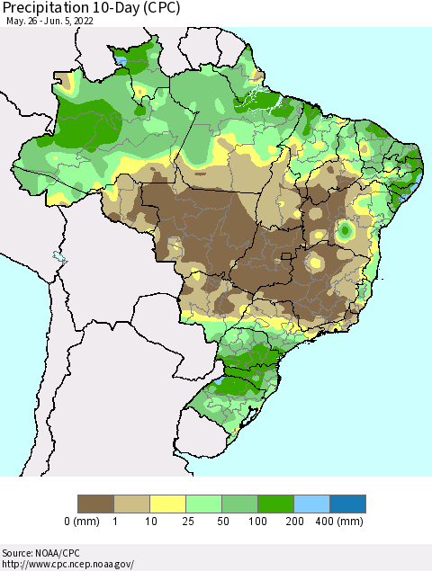 Brazil Precipitation 10-Day (CPC) Thematic Map For 5/26/2022 - 6/5/2022
