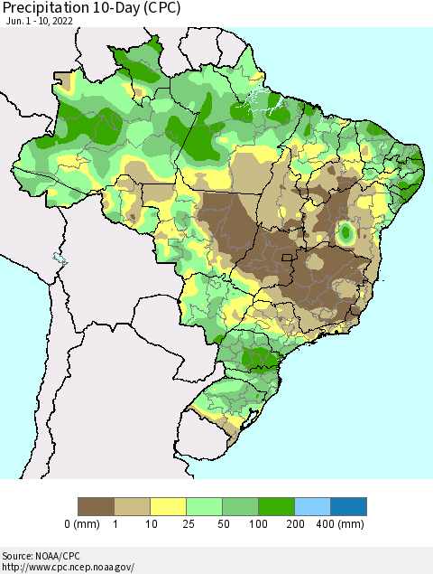 Brazil Precipitation 10-Day (CPC) Thematic Map For 6/1/2022 - 6/10/2022