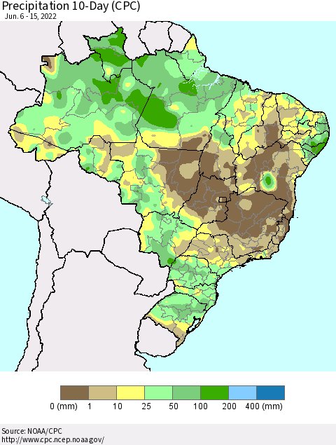 Brazil Precipitation 10-Day (CPC) Thematic Map For 6/6/2022 - 6/15/2022