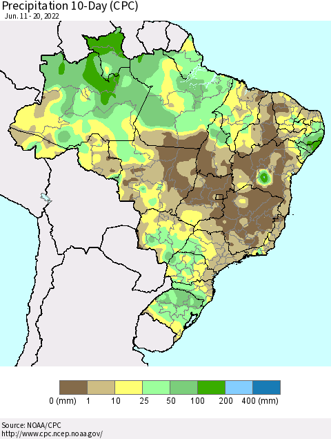 Brazil Precipitation 10-Day (CPC) Thematic Map For 6/11/2022 - 6/20/2022