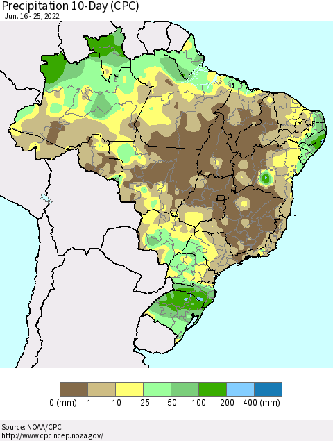 Brazil Precipitation 10-Day (CPC) Thematic Map For 6/16/2022 - 6/25/2022