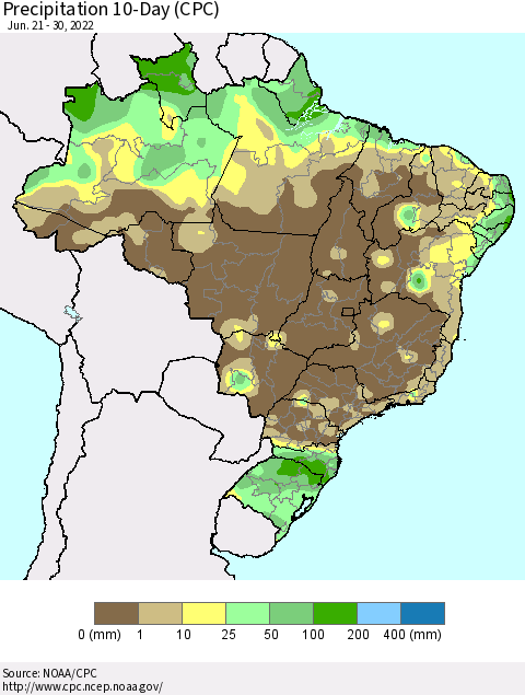 Brazil Precipitation 10-Day (CPC) Thematic Map For 6/21/2022 - 6/30/2022