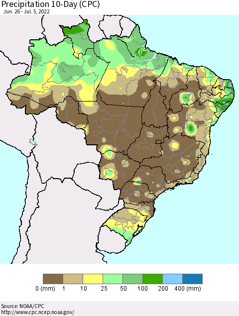 Brazil Precipitation 10-Day (CPC) Thematic Map For 6/26/2022 - 7/5/2022