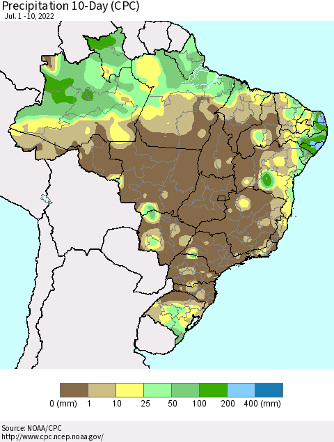 Brazil Precipitation 10-Day (CPC) Thematic Map For 7/1/2022 - 7/10/2022