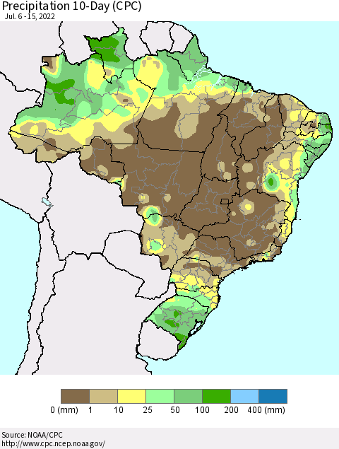 Brazil Precipitation 10-Day (CPC) Thematic Map For 7/6/2022 - 7/15/2022