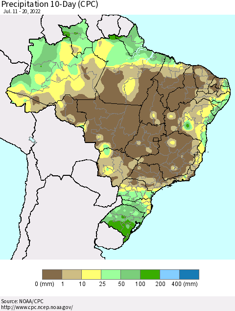 Brazil Precipitation 10-Day (CPC) Thematic Map For 7/11/2022 - 7/20/2022