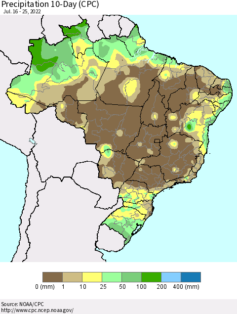 Brazil Precipitation 10-Day (CPC) Thematic Map For 7/16/2022 - 7/25/2022