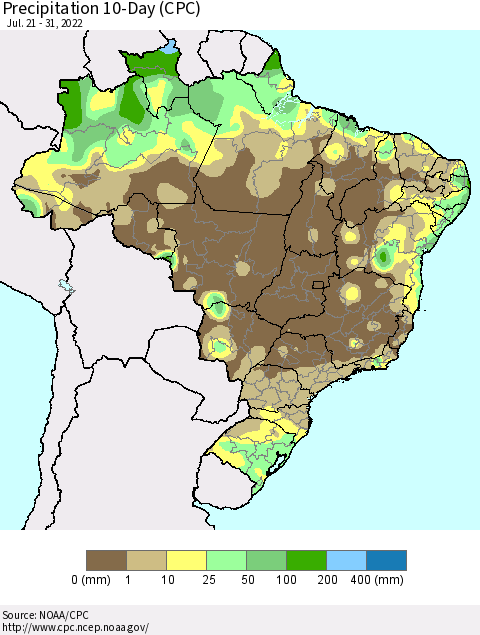 Brazil Precipitation 10-Day (CPC) Thematic Map For 7/21/2022 - 7/31/2022