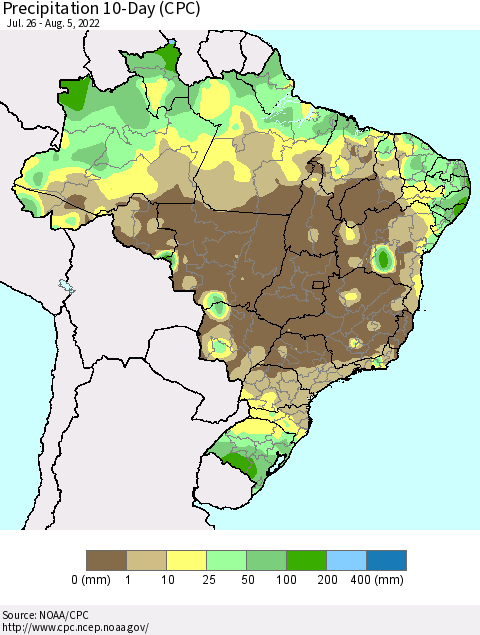 Brazil Precipitation 10-Day (CPC) Thematic Map For 7/26/2022 - 8/5/2022