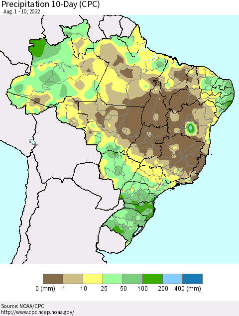 Brazil Precipitation 10-Day (CPC) Thematic Map For 8/1/2022 - 8/10/2022