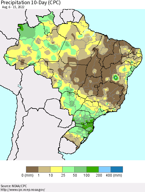 Brazil Precipitation 10-Day (CPC) Thematic Map For 8/6/2022 - 8/15/2022