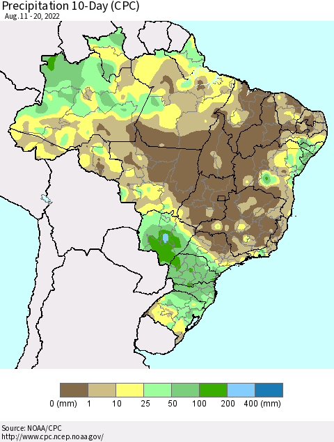 Brazil Precipitation 10-Day (CPC) Thematic Map For 8/11/2022 - 8/20/2022