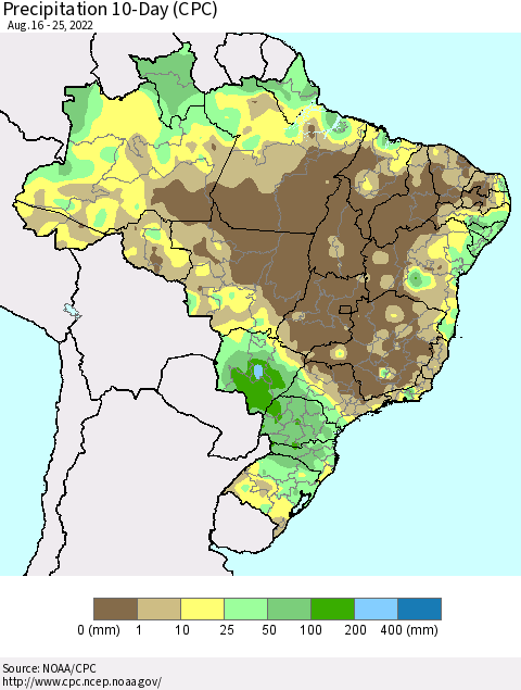 Brazil Precipitation 10-Day (CPC) Thematic Map For 8/16/2022 - 8/25/2022