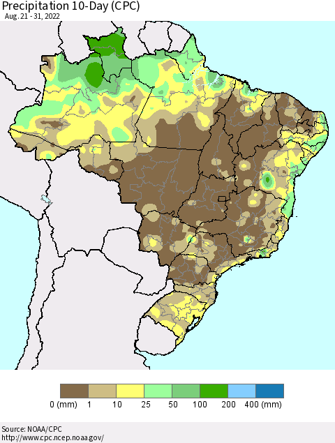 Brazil Precipitation 10-Day (CPC) Thematic Map For 8/21/2022 - 8/31/2022