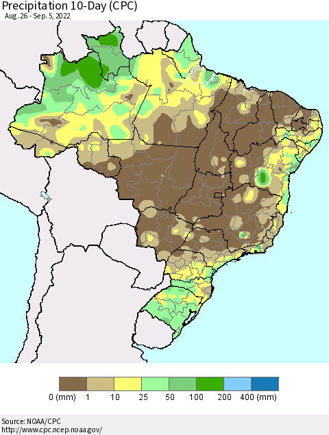 Brazil Precipitation 10-Day (CPC) Thematic Map For 8/26/2022 - 9/5/2022