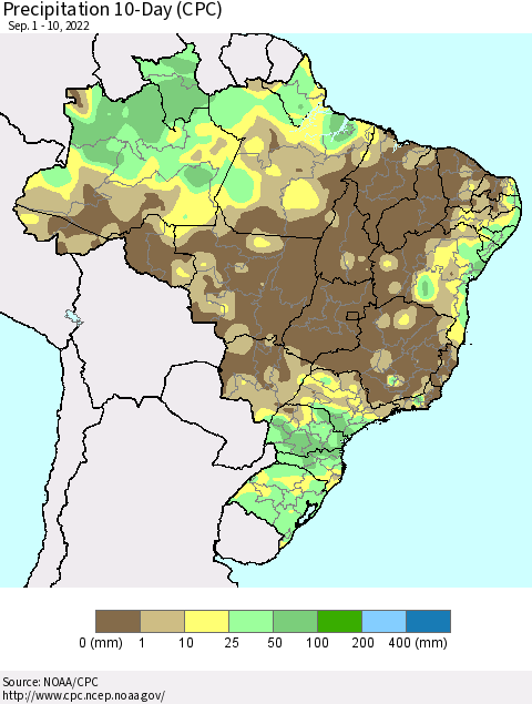 Brazil Precipitation 10-Day (CPC) Thematic Map For 9/1/2022 - 9/10/2022