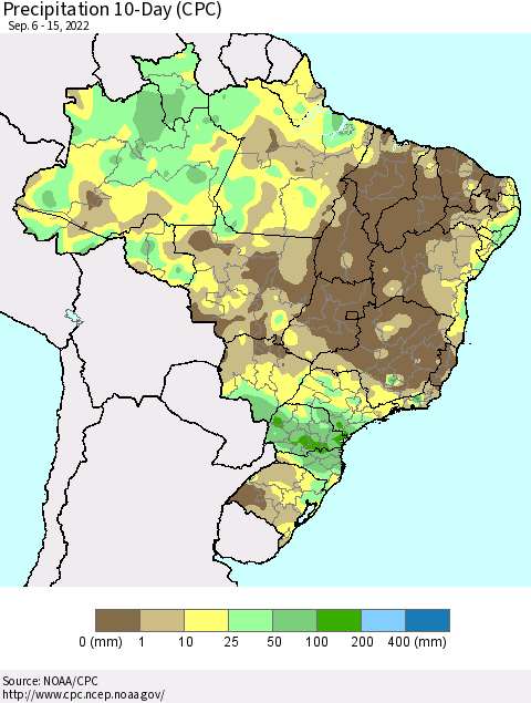 Brazil Precipitation 10-Day (CPC) Thematic Map For 9/6/2022 - 9/15/2022