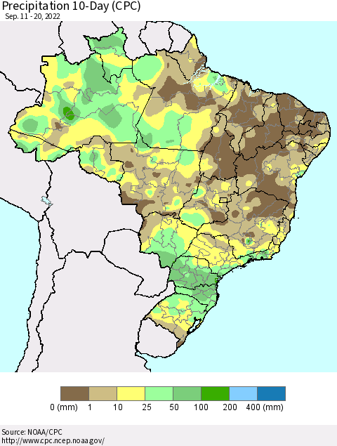 Brazil Precipitation 10-Day (CPC) Thematic Map For 9/11/2022 - 9/20/2022