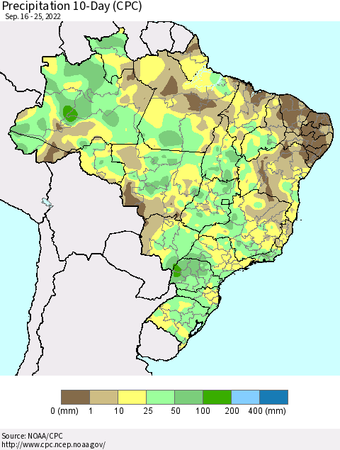 Brazil Precipitation 10-Day (CPC) Thematic Map For 9/16/2022 - 9/25/2022