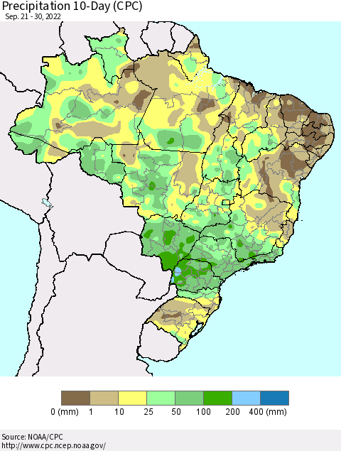 Brazil Precipitation 10-Day (CPC) Thematic Map For 9/21/2022 - 9/30/2022