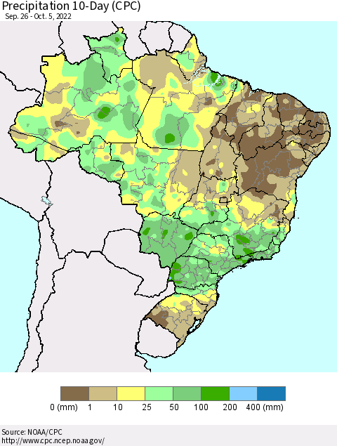 Brazil Precipitation 10-Day (CPC) Thematic Map For 9/26/2022 - 10/5/2022