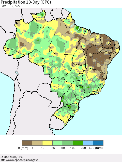 Brazil Precipitation 10-Day (CPC) Thematic Map For 10/1/2022 - 10/10/2022