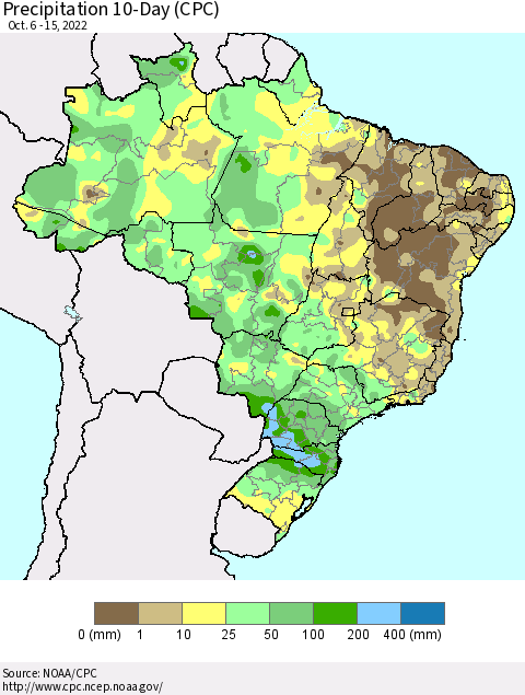 Brazil Precipitation 10-Day (CPC) Thematic Map For 10/6/2022 - 10/15/2022