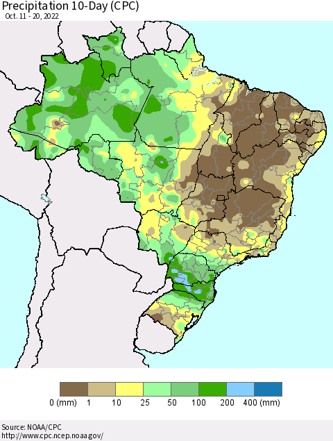 Brazil Precipitation 10-Day (CPC) Thematic Map For 10/11/2022 - 10/20/2022