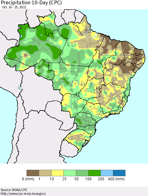 Brazil Precipitation 10-Day (CPC) Thematic Map For 10/16/2022 - 10/25/2022