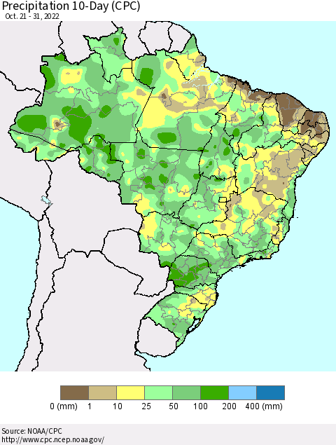 Brazil Precipitation 10-Day (CPC) Thematic Map For 10/21/2022 - 10/31/2022