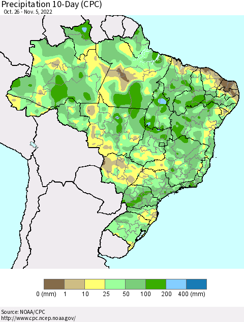 Brazil Precipitation 10-Day (CPC) Thematic Map For 10/26/2022 - 11/5/2022