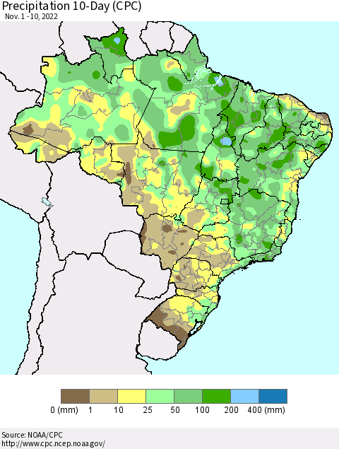 Brazil Precipitation 10-Day (CPC) Thematic Map For 11/1/2022 - 11/10/2022