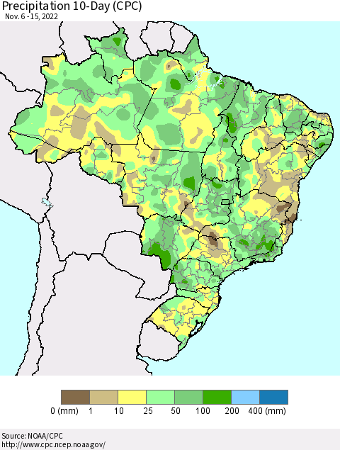 Brazil Precipitation 10-Day (CPC) Thematic Map For 11/6/2022 - 11/15/2022