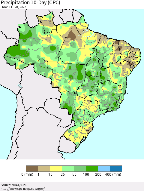 Brazil Precipitation 10-Day (CPC) Thematic Map For 11/11/2022 - 11/20/2022