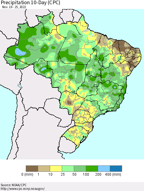 Brazil Precipitation 10-Day (CPC) Thematic Map For 11/16/2022 - 11/25/2022