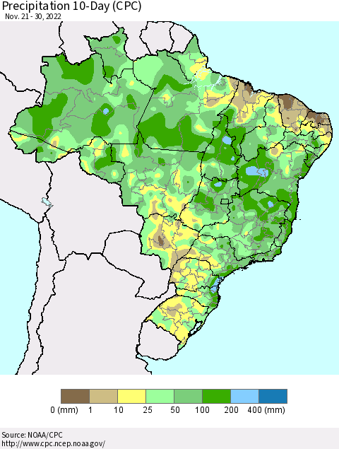 Brazil Precipitation 10-Day (CPC) Thematic Map For 11/21/2022 - 11/30/2022