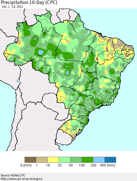 Brazil Precipitation 10-Day (CPC) Thematic Map For 12/1/2022 - 12/10/2022