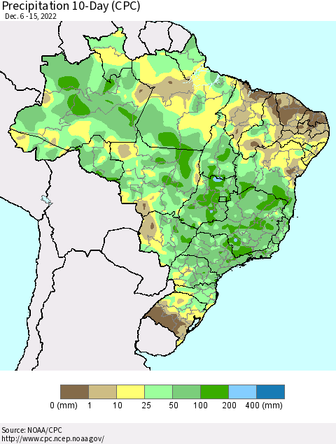 Brazil Precipitation 10-Day (CPC) Thematic Map For 12/6/2022 - 12/15/2022