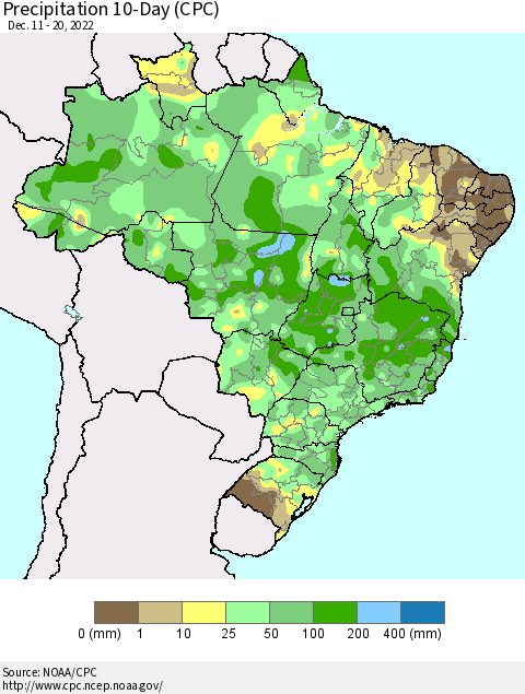 Brazil Precipitation 10-Day (CPC) Thematic Map For 12/11/2022 - 12/20/2022
