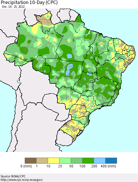 Brazil Precipitation 10-Day (CPC) Thematic Map For 12/16/2022 - 12/25/2022