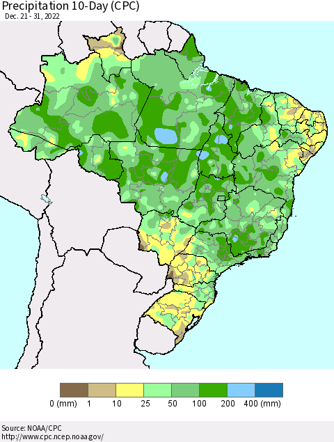 Brazil Precipitation 10-Day (CPC) Thematic Map For 12/21/2022 - 12/31/2022