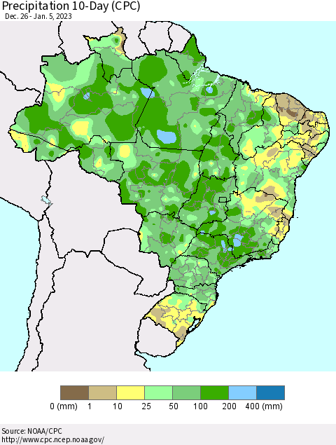 Brazil Precipitation 10-Day (CPC) Thematic Map For 12/26/2022 - 1/5/2023