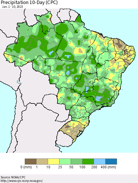 Brazil Precipitation 10-Day (CPC) Thematic Map For 1/1/2023 - 1/10/2023