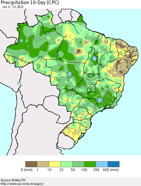 Brazil Precipitation 10-Day (CPC) Thematic Map For 1/6/2023 - 1/15/2023