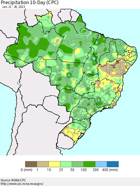 Brazil Precipitation 10-Day (CPC) Thematic Map For 1/11/2023 - 1/20/2023