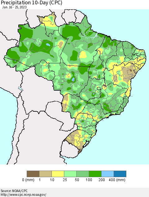 Brazil Precipitation 10-Day (CPC) Thematic Map For 1/16/2023 - 1/25/2023